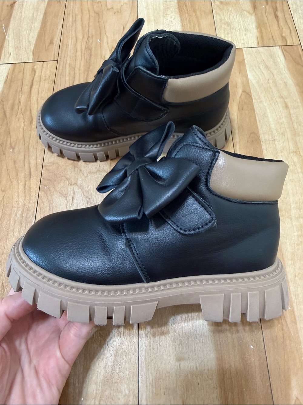 Girls Black Bow Ankle Boots Brown Chunky Lug Sole Size EU 29